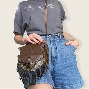 Turtle Shell Leather Fringe Crossbody Purse